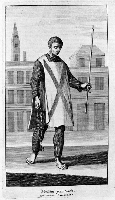 Výslech. Oblečení ze San Benita pro průvod Autodafé. Rytina z „Historie inkvizice“, Amsterdam 1692. od Unknown artist
