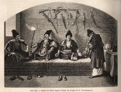 Uvnitř tatarské kavárny v Schoucha (Zakavkazsko, Rusko), kde se muži setkávají, aby popíjeli čaj a kouřili vodní dýmku. Rytina pro ilustraci plavby v provinciích Kavkazu od Basile Vereschaguine v letech 1864-1865, publikovaná v „“ le tour du monde“ pod od Unknown artist