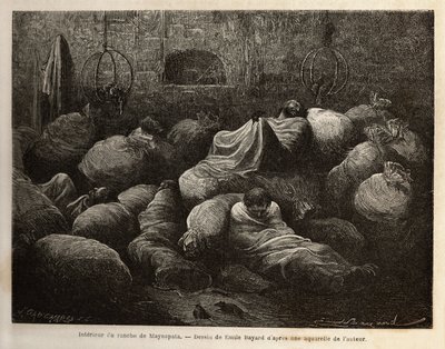 Uvnitř ranča Maynapata (Dolní Peru), překvapeného sněhovou bouří, se cestovatelé uchýlí do hliněné chaty a odpočívají a ohřívají se uprostřed pytlů od brambor a kukuřice. Rytina pro ilustraci plavby v údolích Quinquinas (Peru), od Pa od Unknown artist