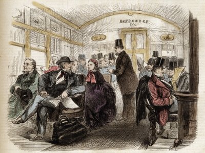 Interiér kočáru na Baltimore & Ohio Railroad, USA - 1861 - interiér amerického vozu v roce 1860 od Unknown artist