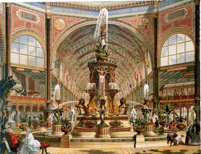 Interiér křišťálového paláce během mezinárodní výstavy v roce 1862. Majoliková fontána od Mintona. Chromolitografická reprodukce. od Unknown artist