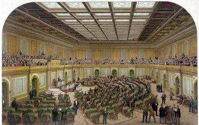Vnitřní pohled na Sněmovnu reprezentantů Kapitolu USA zobrazující zasedání Kongresu a diváky v galerii – rytina 1866. od Unknown artist