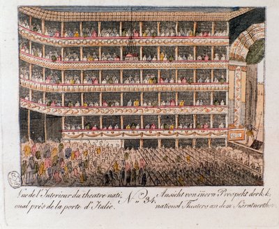 Vnitřní pohled na Národní divadlo poblíž Italské brány ve Vídni, Rakousko. (Pohled interiéru Národního divadla, Vídeň, Rakousko) Rytina soukromé sbírky z roku 1815 od Unknown artist