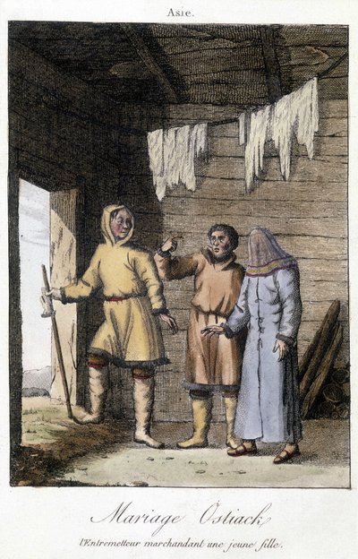 Prostředník smlouvání s mladou dívkou o svatbu Ostiak (Khanty nebo Khante) (kmen paleosibiřských lovců usazený v lesní oblasti středního údolí Ob). od Unknown artist
