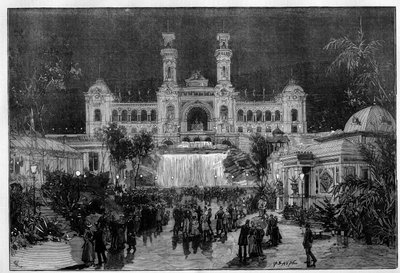 Mezinárodní výstava Nice: palác výstavního světla s elektrickým světlem. Gravírování v „“Le Monde Illustré““ od Unknown artist