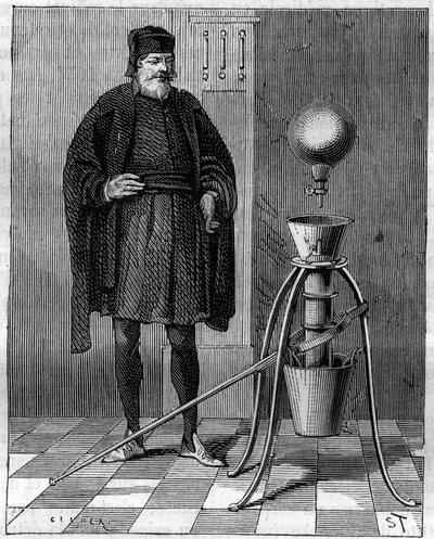 Vynález: Pneumatický stroj Otto de Guericke (Otto de Guericke) (1602-1686), německý vynálezce. Gravírování v „La Nature“ od Unknown artist