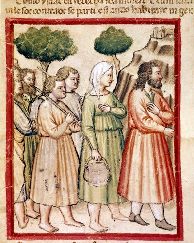 Izák a jeho rodina trpící hladomorem emigrující do zemí krále Abimelecha Miniatura z kodexu 212 (nebo padovanského kodexu či Bible Padovy) 1390-1400 Rovigo, Accademia dei Concordi od Unknown artist