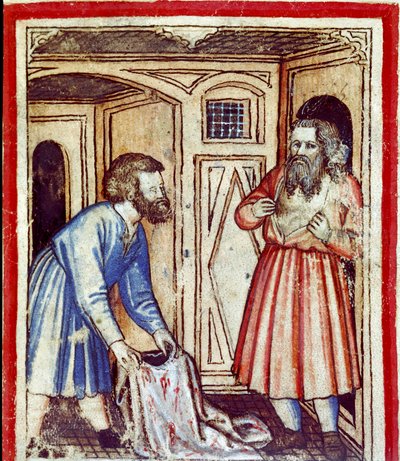 Jákob se dozví o smrti svého syna Josefa, který jeho bratři prodali Egypťanům Miniaturu z kodexu 212 (nebo padovanského kodexu či Bible Padovy) 1390-1400 Rovigo, Accademia dei Concordi od Unknown artist