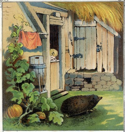 Jacques pozoruje herissona přecházejícího přes dvůr jeho domu. Chromolitografie z "" Scenes enfantines", ed. Guerin - Muller kolem roku 1885. od Unknown artist