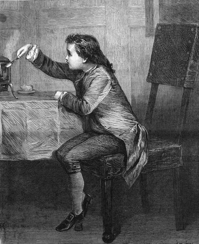 James Watt (1736-1819) dítě objevující zákony páry. Rytina z roku 1868 podle obrazu Marcuse Stonea. od Unknown artist