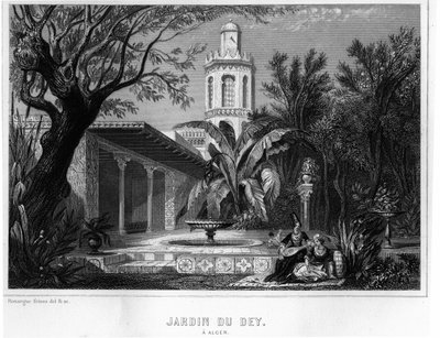 Jardin du dey v Alžíru, nacházející se v opevněném okrsku Kasbah (casbah), hlavní rezidence hlavního generála francouzské armády v roce 1830 - V „“L