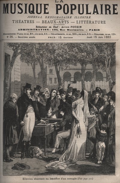 Jean Elleviou, francouzský zpěvák, komik a libretista (1769-1842) zpívající ve prospěch slepého muže v roce 1801 na Champs-Elysées - rytina v týdeníku „La musique populaire““ proslulý - 1882 od Unknown artist