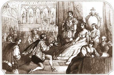 Jean Nicot představuje tabákovou rostlinu Catherine de Medicis (Caterina de Medici) a velkopřevorovi rodu Lotrinska. Litografie 16. století kolem roku 1868. od Unknown artist