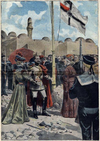 Jeruzalém – Všichni svatí 1898: Vilém II. (1859-1941), německý císař a pruský král, před Monsignorem Luigim Piavim, jeruzalémským patriarchou, získal pro své katolické poddané zemi „Dormition“ poblíž Večeřadla . Ilustrace v od Unknown artist