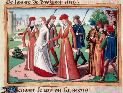 Johanka z Arku (1412-1431) vedená poblíž Karla VII. Delfíním dvorem v Chinonu. Miniatura z rukopisu „Vigilles du roi Charles VII““ od Martiala d