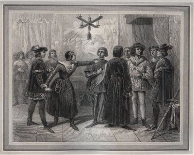Johanka z Arku, dorazila do Chinonu (1429), poznal ji Karel VII. (1403-1461), který byl v davu dvořanů - Rytina v „Les Fastes Populaires, aneb Dějiny hrdinských činů lidu a jejich vliv na vědu, umění, průmysl a a od Unknown artist
