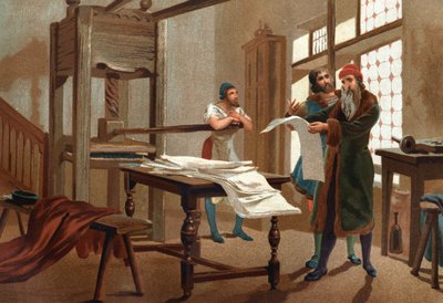 Johannes Gutenberg (1400-1468), německý tiskař, tiskl první list bible. po slavných mužích a ženách. Barcelona 1877. od Unknown artist