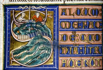 Jonáš je hozen do moře a pohlcen obrovskou rybou. Rukopis 14. století. Městská bibli. z Vercelli. od Unknown artist