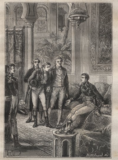 Cesta (1798) Frederica Conrada (Konrada) Hornemanna (1772-1801) do Fezzanu (Libye): Bonaparte vítá Hornemanna v Káhiře (Egypt) - ilustrace z „Velkých námořníků 18. století““ od Unknown artist