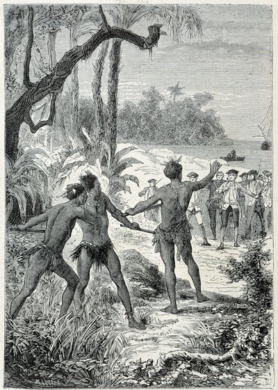 Cesta kapitána Jamese Cooka (1728-1779) na Novou Guineu: první setkání s domorodci, ilustrace převzata z „Velkých námořníků 18. století““ od Unknown artist