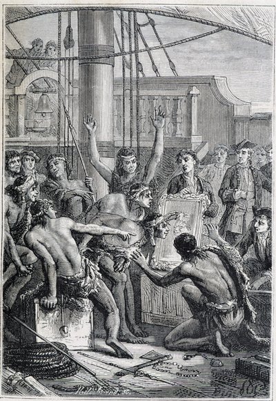 Cesta Samuela Wallise (1728-1795) do Polynésie: domorodé etony u zrcadla - ilustrace převzata z „Velkých námořníků 18. století“ od Unknown artist