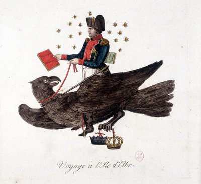Cesta na ostrov Elba: Napoleon jede na orlovi, drží knihy branné povinnosti a hromadné pozvedávání vojáků - v „“ Napoleon 1., karikatury, sbírka figurín“, c. 1814 od Unknown artist