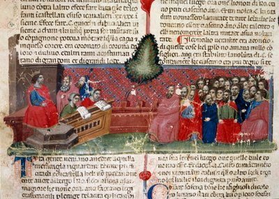 Jules Cesar (101-44 př. n. l.) na trůnu Detail stránky s rukopisem „“ Fakta o Římanech““ (Ms 1538) kolem roku 1340 Florencie, Biblioteca Riccardiana od Unknown artist
