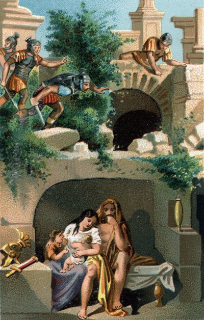 Julius Sabinus (Galové z Lingonů) a jeho žena Eponine se devět let schovávají se svými dětmi v podzemí a poté jsou odhaleni, jsou spolu s jeho dvěma syny-dvojčaty odvezeni do Říma. Pozdní chromolitografie 19. století. od Unknown artist