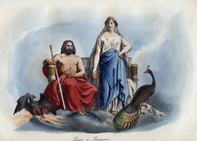 Jupiter a Juno - rytina z „“ Zvyků a tradic všech národů vesmíru. Tedy Dějiny vlády, zákonů, milicí, náboženství všech národů od nejvzdálenějších dob až po současnost „1856 od Unknown artist