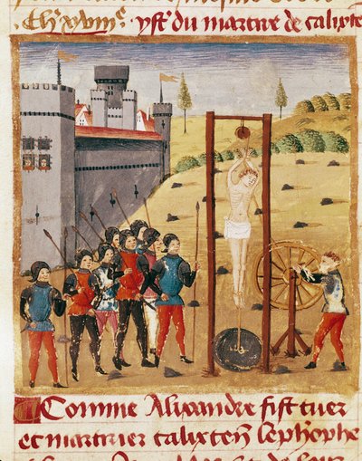 Král Alexandr Veliký (356–323 př. n. l.) se účastní popravy vznešeného Kalixta Cefoba pověšením“““ Miniatura převzatá z „“Knihy faktů Alexandra Velikého“““ od Quinta Curtius Rufus (1. století) (ms 1335, fol. 167 v od Unknown artist
