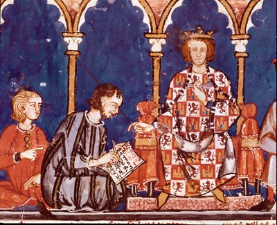 Král Alfonso X. moudrý muž pomáhá písaři. Detail miniatury z Knihy her od Alfonse X. moudrého (1221-1284) „Kniha šachů, des et stolů““ (El libro de ajedrez, dados e tablas). 1282. San Lorenzo de El Escorial. Královská knihovna od Unknown artist