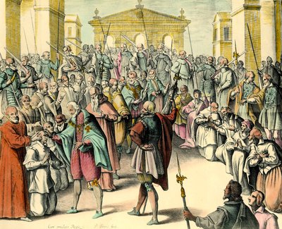 Král Jindřich IV. (1553-1610) se dotýká čela nemocného.“ Král je thaumaturg, má moc vyléčit ecrouely vyslovením této formule. Rytina z návrhu Andre du Laurens (1558-1609), lékař krále Jindřicha IV. od Unknown artist