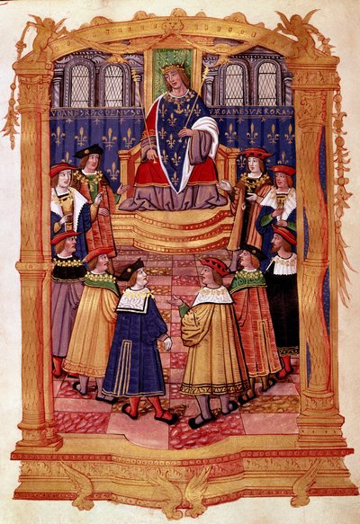 Král Ludvík XI. (1423-1483) a rytíři Řádu svatého Michaela Miniatura z rukopisu „“Statuty Řádu svatého Michaela”” Milán 15. století, Biblioteca Trivulziana od Unknown artist
