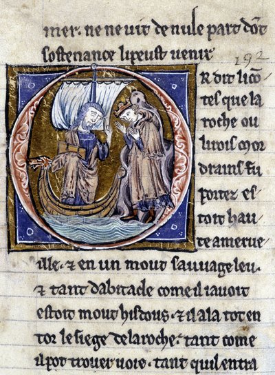 král Modreius. Rukopis: Dobytí Saint Gréal, napsaný 717 let po umučení našeho pána. Bibliotheque Municipale de Rennes, ms. 255 (Sbírka románů Kulatého stolu); Paříž od Unknown artist
