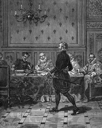 Francouzský král Jindřich IV (1553-1610) (stojící) na setkání se svými velvyslanci. Rytina 19. století. V „Histoire de France“ od Julese Micheleta od Unknown artist