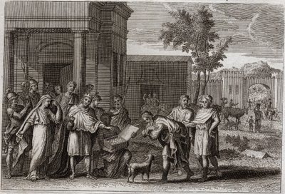 Bible království, Starý zákon: Abimelech potrestaný Bohem. Abimelech (Abimelec nebo Achimelech nebo Ahimelek), král Gerar, když násilím vzal Sáru (Sáru), Abrahamovu manželku, o níž se domníval, že je pouze jeho sestrou, je oklamán Bohem a dává ji zpět od Unknown artist