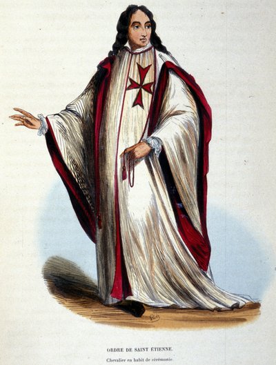 Rytíř řádu svatého Štěpána ve slavnostním oděvu. Vojenský a náboženský řád vytvořený velkovévodou Toskánským v roce 1561. Rytina z 19. století. od Unknown artist