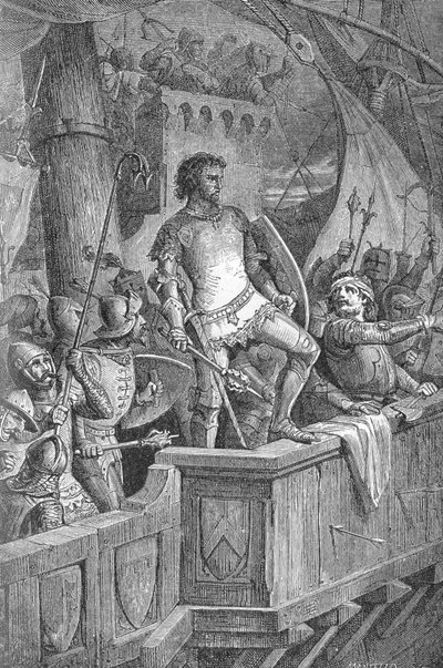 Knut Veliký (Canut I) (994 nebo 995-1035) – Muži Cnuta Velikého na londýnském mostě, pod útokem norského Olafa II (Olafa II. Norska) – Rytina „“ Kaiser, Konig une Papst“ od Richarda Roth od Unknown artist