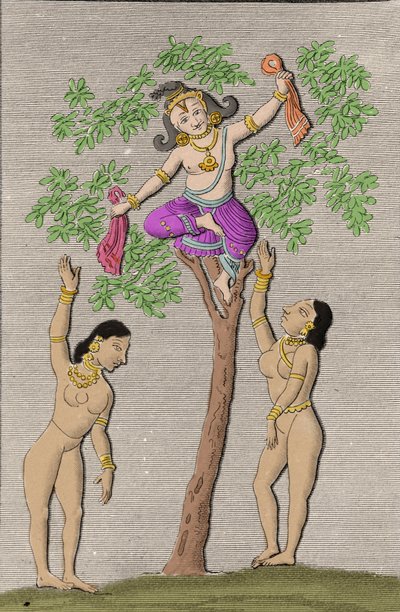 Kršna letí se dvěma gopi. rytina do „“Starověké a moderní památky Hindustanu”” od L. M. Langlese, Paříž 1821. od Unknown artist