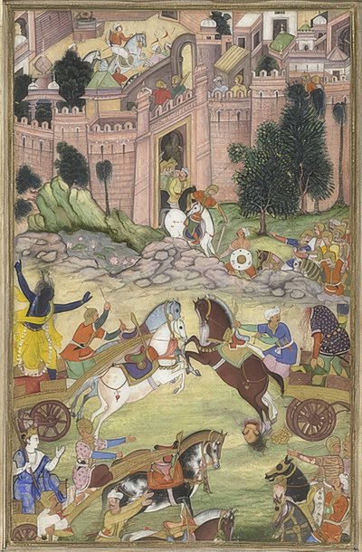 Krišna zabije démona Sri Gala (scéna z Harivamsy). Kolem 1585-95 od Unknown