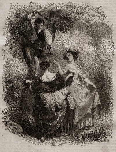 Sbírání třešní – ilustrace pro vyznání“ Jean-Jacques (Jean Jacques) Rousseau (1712-1778) – rytina z roku 1849 od Unknown artist