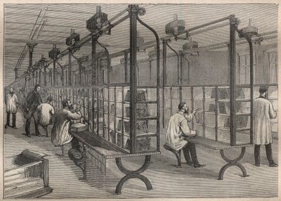 Dopisová pošta: třídění obálek v Hotel des Posts v Paříži - rytina v „La Science francaise““ od Unknown artist