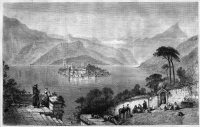 Jezero Orta (Jezero Cusio) (uprostřed ostrova San Giulio (Svatý Jules) v provincii Novara v Itálii. Rytina z roku 1865. od Unknown artist