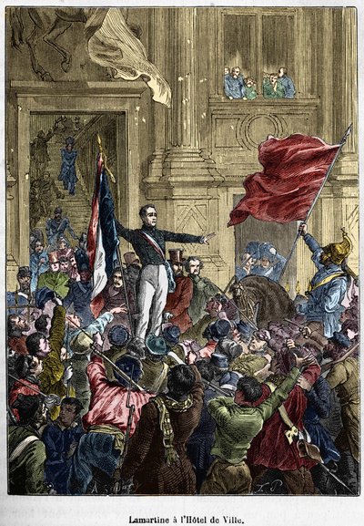 Lamartine (1790 - 1869), odmítající červenou vlajku pro vlajku trikolóru, na radnici. Paříž, 26. února 1848. Sbírka Bianchetti. od Unknown artist