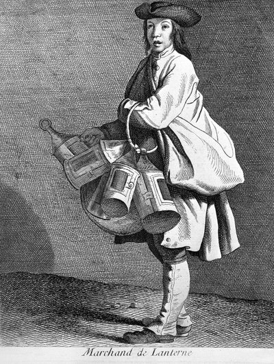 Prodejce luceren. 19. století rytina. od Unknown artist