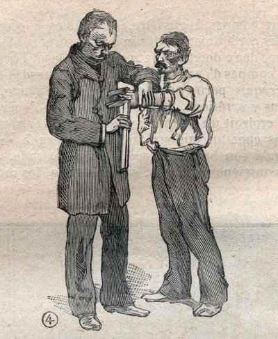 Soudní antropometrie nebo bertillonnage, metoda Alphonse Bertillona (1853-1914): měření prostředního prstu a levého prsteníčku - rytina "" La Science francaise" od Unknown artist