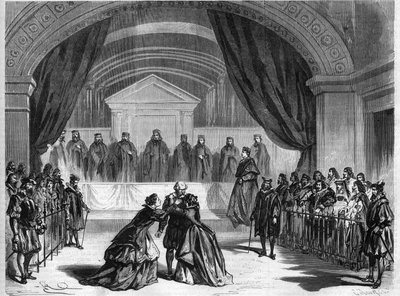 Poslední fáze divadelního kusu „“ Galilee “, tříaktového dramatu Francoise Ponsarda, francouzského básníka a dramatika (1814-1867), hraje ve francouzském komediálním divadle v Paříži. Gravírování v „“L