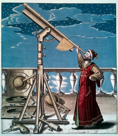 Astronom: muž sleduje hvězdy v astronomické lunetě - Rytina ze 17. století - Paříž, B. N. - Astronom: Muž sleduje hvězdy v dalekohledu - Rytina od Unknown artist
