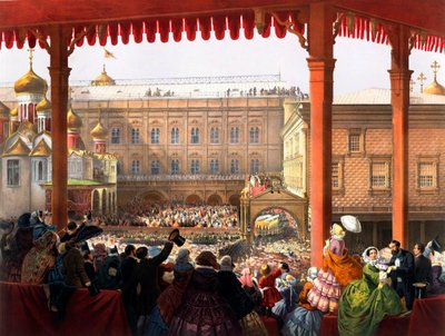 ""Korunovace císaře Alexandra II. (1818-1881) dne 18.02.1855"" Pohled na dav - Anonymní litografie od Unknown artist