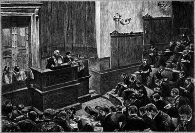 Velký amfiteátr pařížské právnické fakulty, rytina v „Le journal de“ La jeunesse“ od Unknown artist
